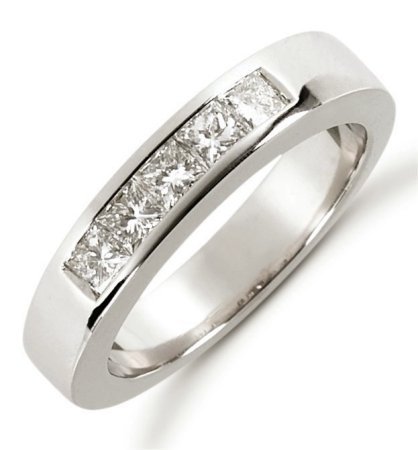 Item # 521405PP - Platinum anniversary band. The ring holds 5 princess cut diamonds each measures 2.5x2.5 mm in size. The diamonds are approximately 0.50 ct tw, VS1-2 in clarity, very clean and G-H in color, near colorless to colorless. The diamonds are set in a channel. The band is about 3.5 mm wide. The finish is polished. Different finishes may be selected or specified. 