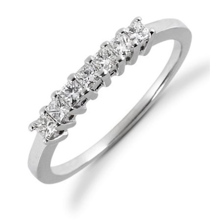 Item # 522267WE - 18Kt White gold anniversary band. The ring holds 7 princess cut diamonds each measures 2x2 mm in size. The diamonds are approximately 0.35 ct tw, VS1-2 in clarity, very clean and G-H in color, near colorless to colorless. The diamonds are set in prong. The band is about 3.0 mm wide. The finish is polished. Different finishes may be selected or specified. 