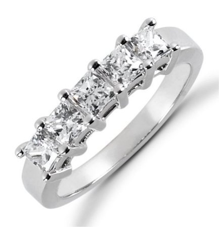 Item # 522285PD - Palladium anniversary band. The ring holds 5 princess cut diamonds each measures 3x3 mm in size. The diamonds are approximately 0.85 ct tw, VS1-2 in clarity, very clean and G-H in color, near colorless to colorless.The diamonds are set in prongs. The band is about 3.5 mm wide. The finish is polished. Different finishes may be selected or specified.