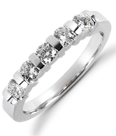 Item # 522975W - 14Kt White gold anniversary band. The ring holds 5 round brilliant cut diamonds, each measures 3.0 mm. The diamonds are approximately 0.50 ct tw, VS1-2 in clarity, very clean and G-H in color, near colorless to coloress. The diamonds are set in single channels. The band is about 3.5 mm wide. The finish is polished. Different finishes may be selected or specified.