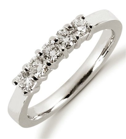 Item # 52443PD - Palladium anniversary band. The ring holds 5 round brilliant cut diamonds each measures about 3.0 mm in size. The diamonds are approximately 0.50 ct tw, VS1-2 in clarity, very clean and G-H in color, near colorless to colorless. The ring is about 3.5 mm in width and each diamond is set in prongs. The finish is polished. Different finishes may be selected.
