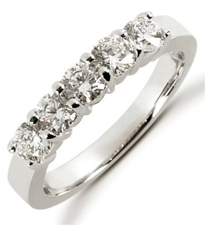 Item # 52453PP - Platinum anniversary band. The ring holds 5 round brilliant cut diamonds each measures about 3.8 mm in size. The diamonds are approximately 1.00 ct tw, VS1-2 in clarity, very clean and G-H in color, near colorless to colorless. The band is about 4.5 mm wide and each diamond is set in prongs. The finish is polished. Different finishes may be selected. 