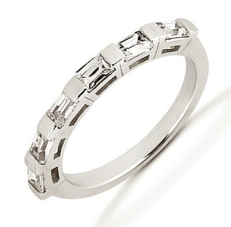 Item # 52843W - 14Kt White gold baguette anniversary band. The ring holds 6 baguette cut diamonds each measures about 3.5x2.5 mm in size. The diamonds are approximately 0.72 ct tw, VS1-2 in clarity, very clean and G-H in color, near colorless to colorless. The band is about 4.0 mm wide. The finish is polished. Different finishes may be selected.