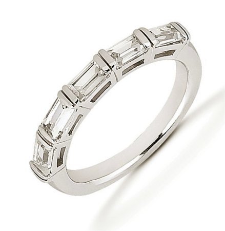Item # 52846WE - 18Kt White gold baguette anniversary band. The ring holds 5 baguette cut diamonds each measures about 4.5x2.5 mm in size. The diamonds are approximately 0.80 ct tw, VS1-2 in clarity, very clean and G-H in color, near colorless to colorless. The band is about 3.5 mm wide. The finish is polished. Different finishes may be selected. 