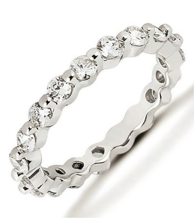 Item # 534205PD - Palladium eternity ring. The ring holds 20 round brilliant cut diamonds, each measures 2.4 mm. The diamonds are approximately 1.0 ct tw, VS1-2 in clarity, very clean and G-H in color, near colorless to colorless. The diamonds are set with two prongs. There may be more diamonds set in the ring for larger ring sizes. The band is about 3.0 mm wide. The finish is polished. Different finishes may be selected.