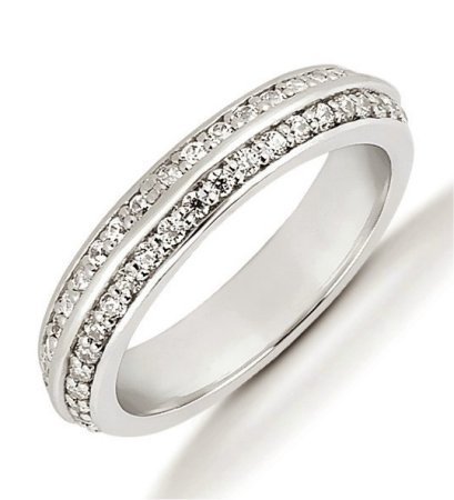 Item # 53448PP - Platinum eternity ring. The ring holds 82 round brilliant cut diamonds in 2 rows each measures 1.3 mm in size. The diamonds are approximately 0.82 ct tw, VS1-2 in clarity, very clean and G-H in color, near colorless to colorless. The band is about 4.0 mm wide. Each diamond is set in prongs and more diamonds may be used for larger ring sizes. The finish is polished. Different finishes may be selected.