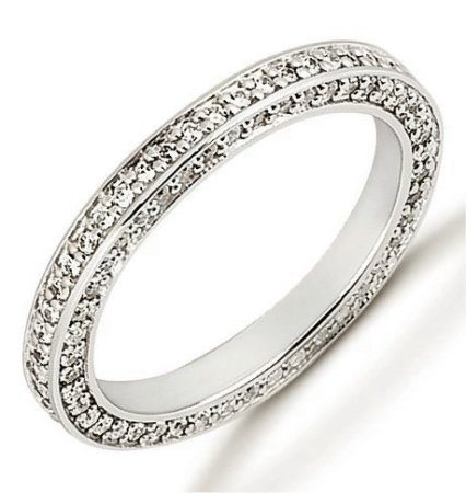 Item # 53464W - 14Kt White eternity ring. The ring holds 143 round brilliant cut diamonds each measures 1.0 mm in size. The diamonds are approximately 0.72 ct tw, VS1-2 in clarity, very clean and G-H in color, near colorless to colorless. The band is about 3.0 mm wide. Each diamond is set in prongs and there may be more diamonds in larger size rings. The finish is polished. Different finishes may be selected.