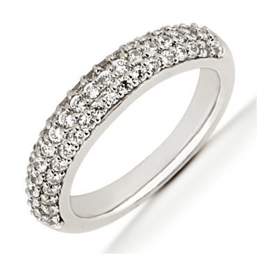 Item # 5411119PP - Platinum anniversary band. The ring holds 67 round brilliant cut diamonds, each measures 1.3 mm. The diamonds are approximately 0.67 ct tw, VS1-2 in clarity, very clean and G-H in color, near colorless to colorless. There are three rows of diamonds set in prongs. The band is about 4.5 mm wide. The finish is polished. Different finishes may be selected.