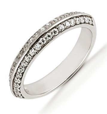 Item # 5412929PP - Platinum anniversary band. The ring holds 46 round brilliant cut diamonds, each measures 1.0 mm. The diamonds are approximately 0.23 ct tw, VS1-2 in clarity, very clean and G-H in color, near colorless to colorless. There are two rows of diamonds set in prongs. The band is about 3.0 mm wide. The finish is polished. Different finishes may be selected. 