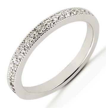 Item # 5416029WE - 18Kt White gold anniversary band. The ring holds 23 round brilliant cut diamonds set in prongs, each measures 1.3 mm. The diamonds are approximately 0.25 ct tw, VS1-2 in clarity, very clean and G-H in color, near colorless to colorless. The band is about 2.0 mm wide. The finish is polished. Different finishes may be selected.