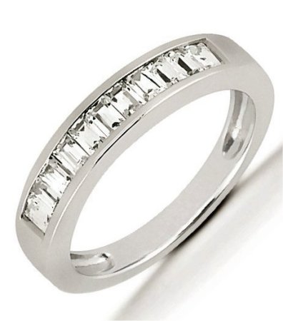 Item # 5416539PD - Palladium anniversary band. The ring holds 11 straight baguette cut diamonds, each measures 2x1.5 mm. The diamonds are approximately 0.33 ct tw, VS1-2 in clarity, very clean and G-H in color, near colorless to colorless. The diamonds are set in a channel. The band is about 3.5 mm wide. The finish is polished. Different finishes may be selected.