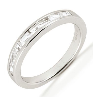 Item # 542139PD - Palladium anniversary band. The ring holds 7 baguette cut diamonds, each measures 2.75x1.5 mm. The diamonds are approximately 0.35 ct tw, VS1-2 in clarity, very clean and G-H in color, near colorless to colorless. The diamonds are set in a channel. The band is about 3.5 mm wide. The finish is polished. Different finishes may be selected.