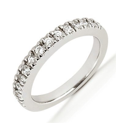 Item # 543739PP - Platinum anniversary band. The ring holds 18 round brilliant cut diamonds, each measures 1.5 mm. The diamonds are approximately 0.27 ct tw, VS1-2 in clarity, very clean and G-H in color, near colorless to colorless. The diamonds are set in prongs. The band is about 2.5 mm wide. The finish is polished. Different finishes may be selected. 