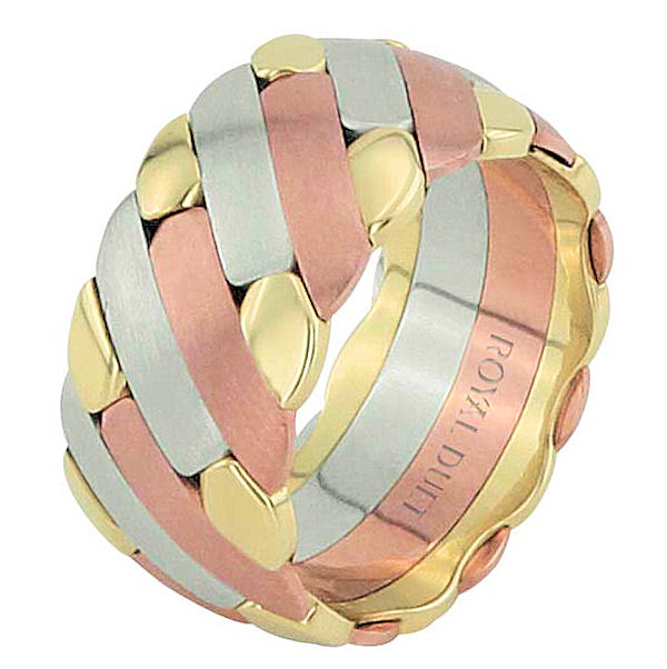 Item # 686581201E - 18 kt tri-color gold, comfort fit, 10.0 mm wide, wedding ring. The band has a beautiful combination of rose, yellow, and white gold. There is a mix of brushed and polished finishes. Other finishes may be selected or specified. 