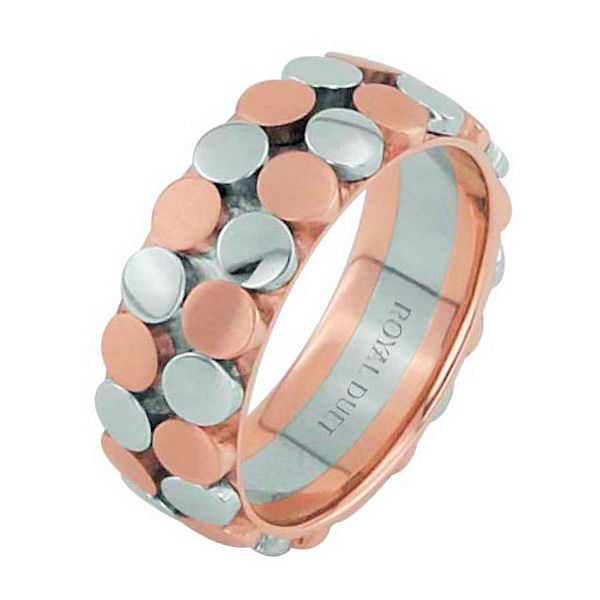 Item # 68668202RE - 18 kt rose and white gold, 6.85 mm wide, comfort fit, wedding ring. The band combines white and rose gold in a different design. There is a mix of brushed and polished finishes. Other finishes may be selected or specified. 