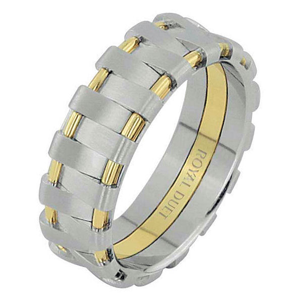 Item # 68678010 - 14 kt two-tone gold, 7.0 mm wide, comfort fit, wedding ring. The band combines white and yellow gold in a unique design. There is a mix of brushed and polished finishes. Other finishes may be selected or specified. 