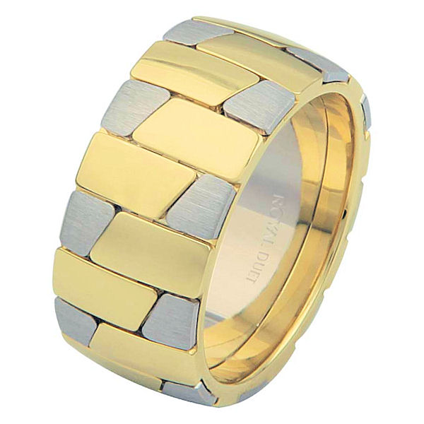 Item # 68709010 - 14 kt two-tone, comfort fit, 9.25 mm wide, wedding ring. This ring has a unique blend of white and yellow gold. The white gold is all brushed finish and the yellow gold is polished. Different finishes may be selected or specified.