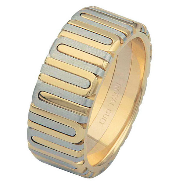 Item # 68710101 - 14 kt two-tone, comfort fit, 8.1 mm wide, wedding ring. The band has a unique blend and fusion of yellow and white gold. Some parts of the ring are brushed and other parts polished. Different finishes may be selected or specified. 