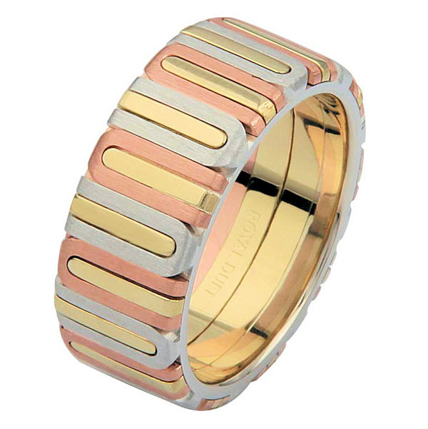 Item # 68710102 - 14 kt tri-color gold, comfort fit, 8.1 mm wide, wedding ring. The band has a unique blend and fusion of the different gold colors. Some parts are brushed and other parts are polished. Different finishes may be selected or specified.