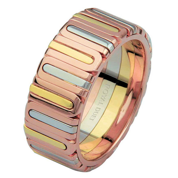 Item # 68710210E - 18 kt tri-color gold, comfort fit, 8.1 mm wide, wedding ring. The band fuses and blends the different colors of gold. It is all polished finish. Different finishes may be selected or specified. 