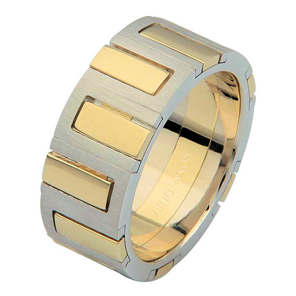 Item # 68711010E - 18 kt two-tone gold, comfort fit, 8.1 mm wide, wedding ring. The band has unique blend of yellow and white gold. It has a mixture of brushed and polished finishes. Different finishes may be selected or specified. 