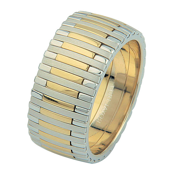 Item # 68712010E - 18 kt two-tone gold, comfort fit, 9.3 mm wide, wedding ring. The band has a unique blend of yellow and white gold. The yellow gold is brushed finish and the white gold is polished. Different finishes may be selected or specified.
