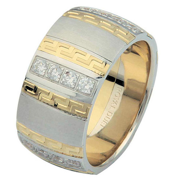 Item # 6871310D - 14 kt two-tone, comfort fit, 10.15 mm wide, diamond wedding ring. The band has a unique blend of white and yellow gold with diamonds set into the ring. It has approximately 0.70 ct tw brilliant round cut diamonds, that is VS1-2 in clarity and G-H in color. There is a mixture of matte and polished finishes. Different finishes may be selected or specified. 