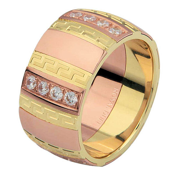 Item # 6871312D - 14 kt yellow and rose gold, comfort fit, 10.15 mm wide, diamond wedding ring. The band has a unique blend of yellow and rose gold with diamonds set into the ring. It holds approximately 0.70 ct tw brilliant round cut diamonds, that are VS1-2 in clarity and G-H in color. The diamonds do go around the whole band. The ring has a mixture of matte and polished finishes. Different finishes may be selected or specified. 