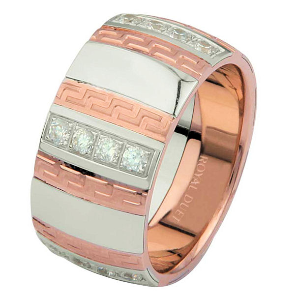 Item # 6871320DRE - 18 kt rose and white gold, comfort fit, 10.15 mm wide, diamond wedding ring. The band has a unique blend of white and rose gold with diamonds set into the ring. It has approximately 0.70 ct tw brilliant round cut diamonds, that are VS1-2 in clarity and G-H in color. The diamonds go around the whole ring. It has a mixture of matte and polished finishes. Different finishes may be selected or specified. 