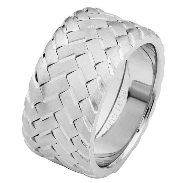 Item # 687140120W - 14 kt white gold, comfort fit, 10.2 mm wide, wedding ring. The band combines the white gold pieces to form a unique braid fused together. It has a brushed finish. Different finishes may be selected or specified. 