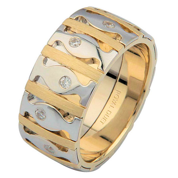 Item # 6871501DE - 18 kt two-tone, comfort fit, 9.15 mm wide wedding ring. The band combines the white and yellow gold in a unique way with diamonds set into the ring. It has approximately 0.10 ct tw round brilliant cut diamonds, that are VS1-2 in clarity and G-H in color. The yellow gold has a brushed finish and the white gold has a polished finish. Different finishes may be selected or specified. 
