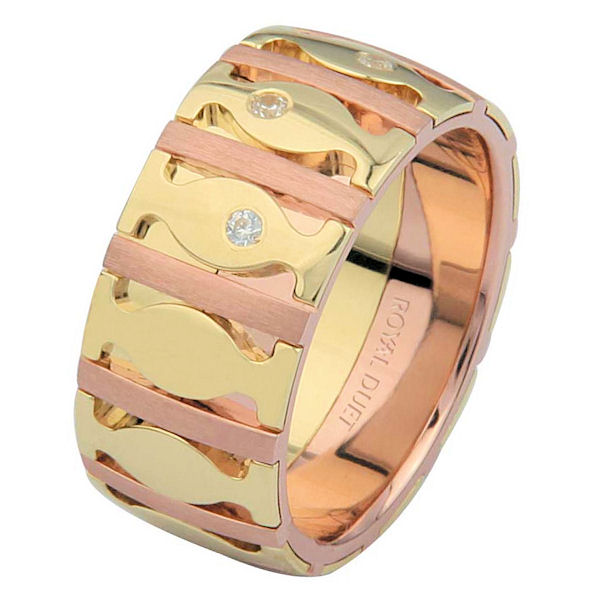 Item # 6871512D - 14 kt yellow and rose gold, comfort fit, 9.15 mm wide, wedding ring. The band has a unique blend of yellow and rose gold fused together with diamonds set into the ring. It has approximately 0.10 ct tw round brilliant cut diamonds, that are VS1-2 in clarity and G-H in color. The rose gold is brushed finish and the yellow gold is polished. 