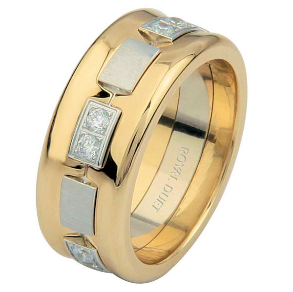 Item # 6871710DE - 18 kt two-tone, comfort fit, 8.20 mm wide, diamond concaved ring. The band is concaved and combines the white and yellow gold with diamonds set in the center. It has approximately 0.35 ct tw brilliant round cut diamonds, that are VS1-2 in clarity and G-H in color. The yellow gold portion is polished and the white gold is brushed. Different finishes may be selected or specified. 