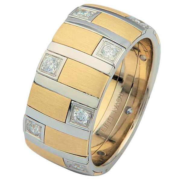 Item # 68718010D - 14 kt two-tone gold, comfort fit, 9.40 mm wide, diamond ring. The ring uniquely combines the white and yellow gold together with diamonds set around the whole ring. It has approximately 0.49 ct tw round brilliant cut diamonds, that are VS1-2 in clarity and G-H in color. The yellow gold has a brush finish and the white gold is polished. Different finishes may be selected or specified. 