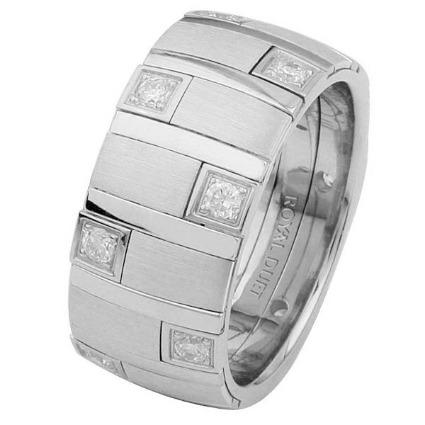 Item # 68718201DW - 14 kt white gold, comfort fit, 9.40 mm wide, diamond ring. The band combines white gold pieces and has different finishes to give the look in the picture. There are diamonds set around the whole ring. It has approximately 0.49 ct tw round brilliant cut diamonds, that are VS1-2 in clarity and G-H in color. Different finishes may be selected or specified. 