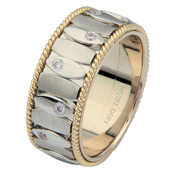 Item # 6872001DE - 18 kt two-tone gold, comfort fit, 8.15 mm wide, diamond wedding ring. The band combines white and yellow gold using both machine and hand made techniques. It has approximately 0.24 ct tw round brilliant cut diamonds set around the whole ring, that are VS1-2 in clarity and G-H in color. 