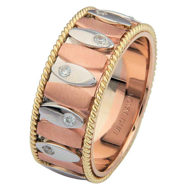 Item # 68720201D - 14 kt tri-color gold, comfort fit, 8.15 mm wide, diamond wedding ring. The band combines rose, white, and yellow gold to create a beautiful design which brings together the crafts of both machine and hand made designs. It has approximately 0.24 ct tw round brilliant cut diamonds set around the whole band, that are VS1-2 in clarity and G-H in color. The rose gold is brushed finish and the rest of the ring is polished. Different finishes may be selected or specified. 