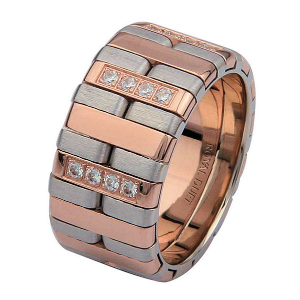 Item # 6872102DR - 14 kt rose and white gold, comfort fit, 10.25 mm wide, diamond wedding ring. This band uniquely combines white and rose gold together to create a beautiful design with diamonds set in the ring. It has approximately 0.34 ct tw round brilliant cut diamonds, that are VS1-2 in clarity and G-H in color. The rose gold has a brush finish and the white gold has a polished finish. Different finishes may be selected or specified. 
