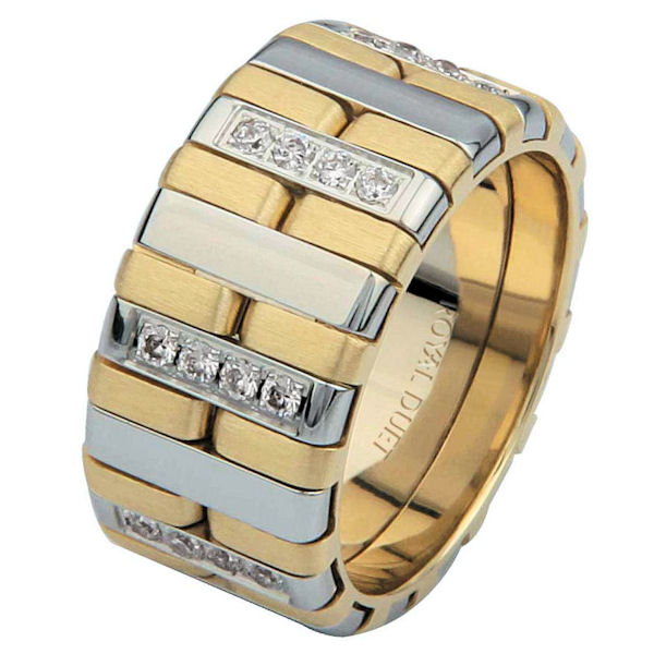 Item # 6872110D - 14 kt two-tone gold, comfort fit, 10.25 mm wide, diamond wedding ring. The band uniquely combines white and yellow gold together with diamonds set in the ring. It has approximately 0.34 ct tw round brilliant cut diamonds, that are VS1-2 in clarity and G-H in color. 