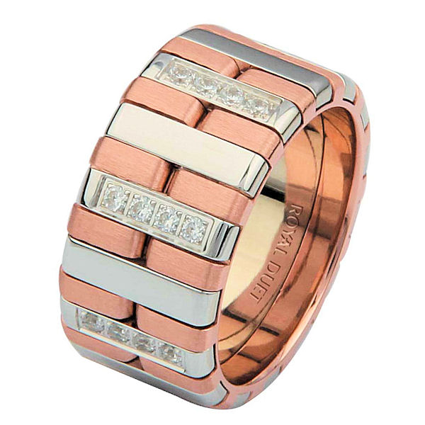 Item # 6872120DRE - 18 kt rose and white gold, comfort fit, 10.25 mm wide, diamond wedding ring. This band uniquely combines white and rose gold together to create a beautiful design with diamonds set in the ring. It has approximately 0.34 ct tw round brilliant cut diamonds, that are VS1-2 in clarity and G-H in color. The rose gold has a brush finish and the white gold has a polished finish. Different finishes may be selected or specified. 