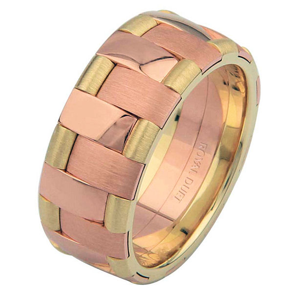 Item # 6872212E - 18 kt yellow and rose gold, comfort fit, 8.25 mm wide, wedding ring. This band uniquely combines yellow and rose gold to create a unique design. The ring has a mixture of brushed and polished finishes. Different finishes may be selected or specified. 