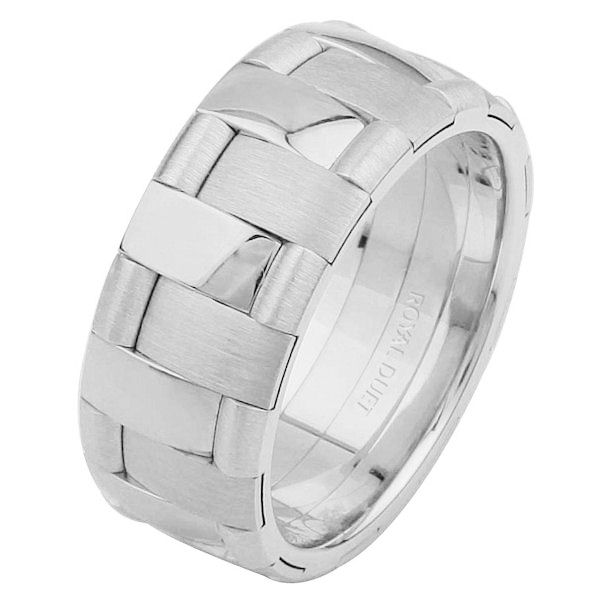 Item # 6872212W - 14 kt white gold, comfort fit, 8.25 mm wide, wedding ring. This band uniquely combines the white gold to create a beautiful design. It has a mixture of brushed and polished finishes. Different finishes may be selected or specified. 