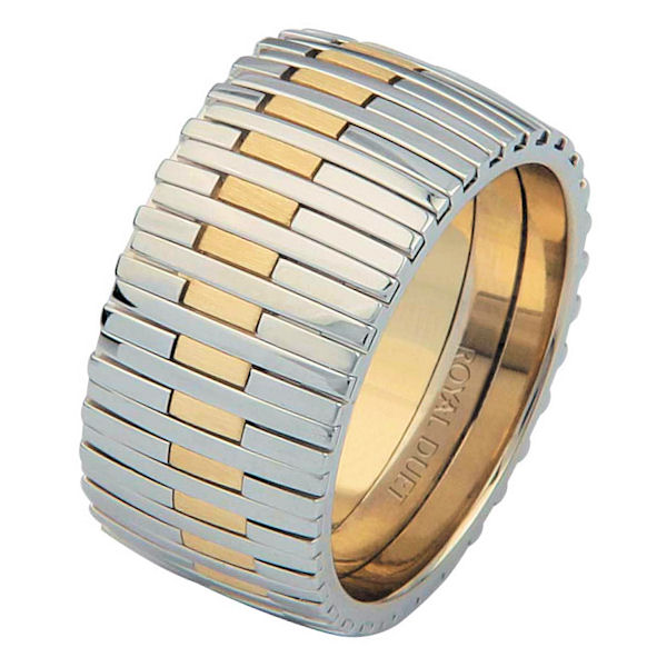 Item # 6872301 - 14 kt two-tone gold, comfort fit, 10.4 mm wide, wedding ring. This band combines the white and yellow gold in a unique and different pattern. The yellow gold has a brushed finish and the white gold has a polished finish. Different finishes may be selected or specified. 