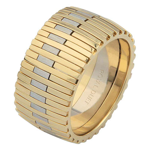 Item # 6872310 - 14 kt two-tone gold, comfort fit, 10.4 mm wide, wedding ring. This band combines white and yellow gold together to create a different design. The white gold has a brushed finish and the yellow gold has a polished finish. Different finishes may be selected or specified. 