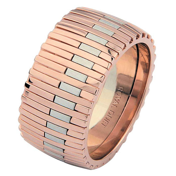 Item # 6872320R - 14 kt rose and white gold, comfort fit, 10.4 mm wide, wedding ring. This band combines the white and rose gold in a unique and different pattern. The white gold has a brushed finish and rose gold has a polished finish. Different finishes may be selected or specified. 