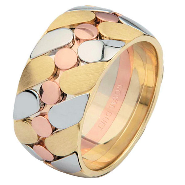 Item # 68725210 - 14 kt tri-color gold, comfort fit, 10.0 mm wide, wedding ring. The band combines white, yellow and rose gold together to create a unique design. The yellow gold has a brushed finish and the white and rose gold has a polished finish. Different finishes may be selected or specified. 