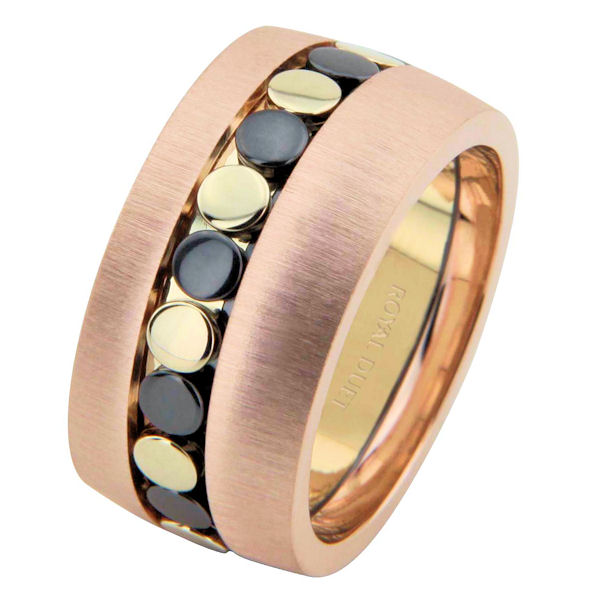Item # 68726213E - 18 kt yellow, rose, & black rhodium, comfort fit, 10.25 mm wedding ring. The band uses the yellow and rose gold with black rhodium to create a beautiful design. It has a mix of brushed and polished finishes. Different finishes may be selected or specified. 
