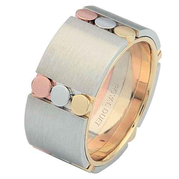 Item # 687271020 - 14 kt tri-color gold, comfort fit, 9.3 mm wide, wedding ring. The tri-color wedding band combines white, yellow and rose gold in a unique way to create a beautiful design. It has a mixture of brushed and polished finishes. Different finishes may be selected or specified. 