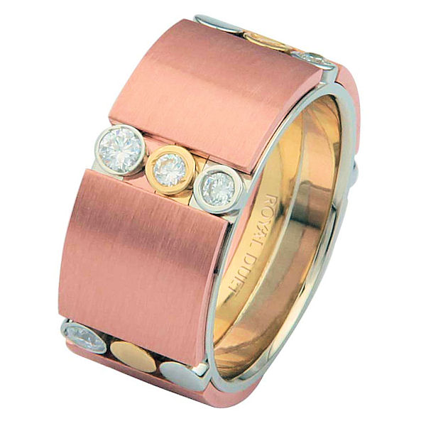 Item # 687272010D - 14 kt tri-color gold, comfort fit, 9.3 mm wide, diamond wedding ring. The tri-color wedding band combines white, yellow and rose gold in a unique way to create a beautiful design with diamonds set into the ring. It has approximately 0.42 ct tw round brilliant cut diamonds, that are VS1-2 in clarity and G-H in color. The ring has a mixture of brushed and polished finishes. 