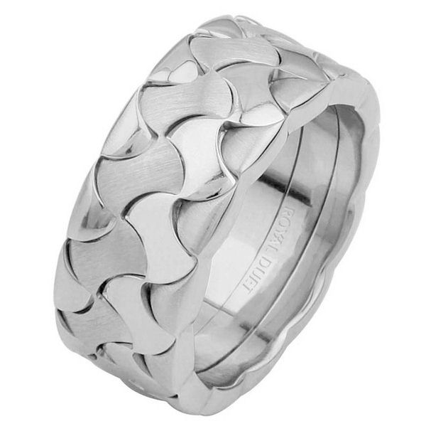 Item # 6872810W - 14 kt white gold, comfort fit, 8.9 mm wide, wedding ring. The band combines the white gold to create a unique design. It has a mixture of brushed and polished finishes. Different finishes may be selected or specified. 